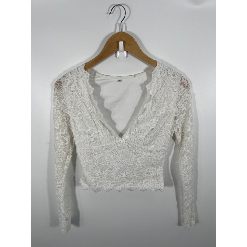Y2K Babydoll Womens Top S White Sheer Lace Coquette Dainty Feminine Romantic